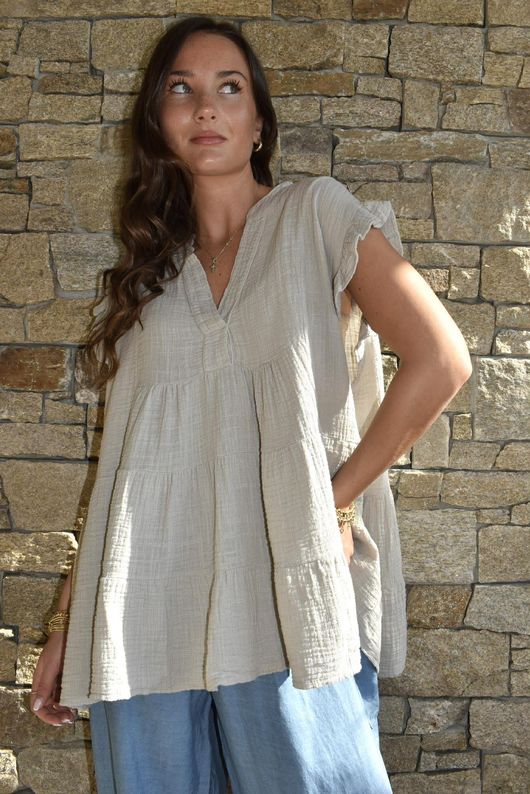 Tasha Cushion Cotton Cap Sleeve Tier Top Stone